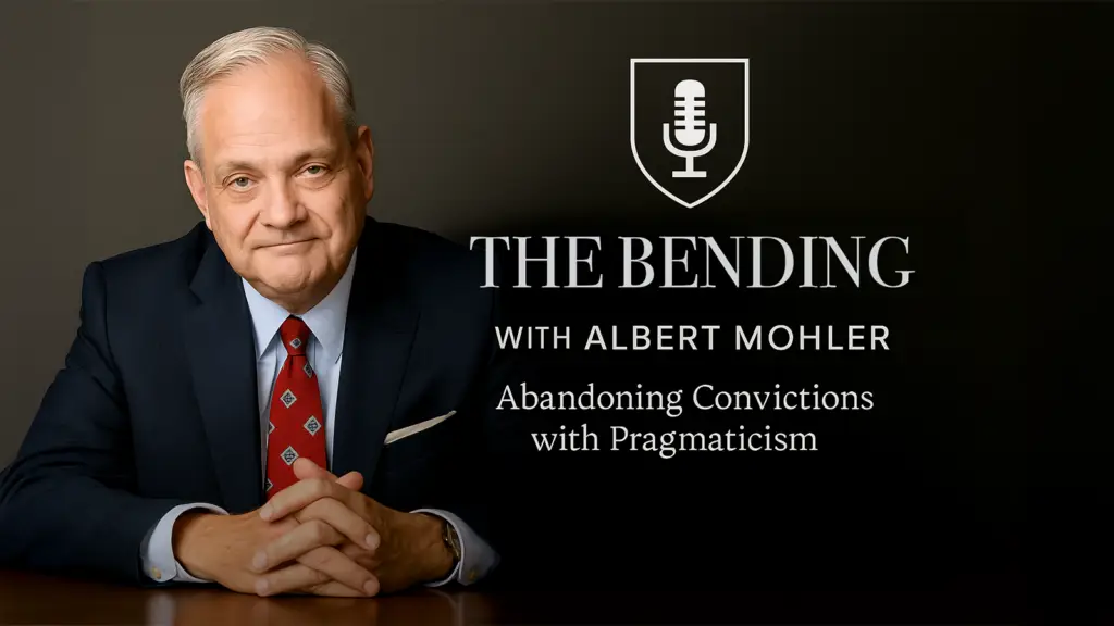 Satirical podcast cover image of Albert Mohler seated in a suit, next to a microphone logo and the title ‘The Bending: Abandoning Convictions with Pragmaticism.’