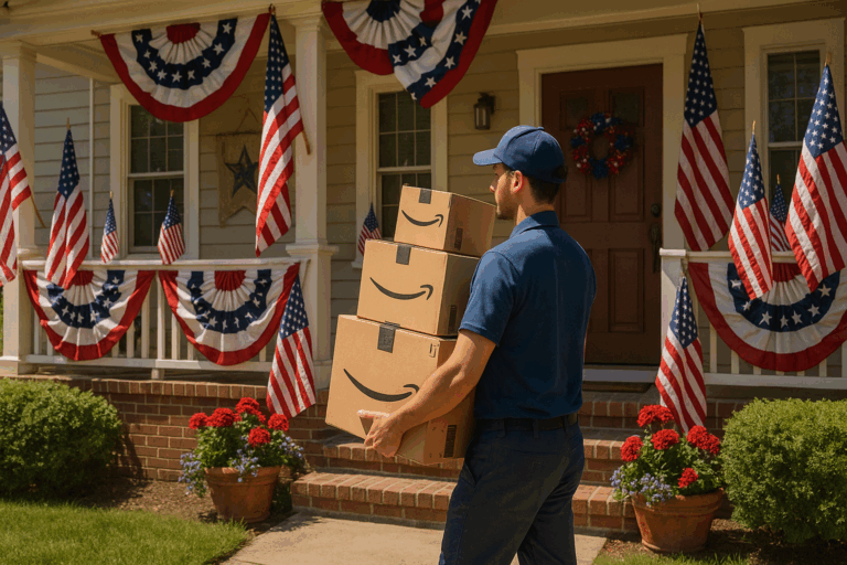 A delivery worker carrying boxes to a suburban house with a MAGA flag on display.