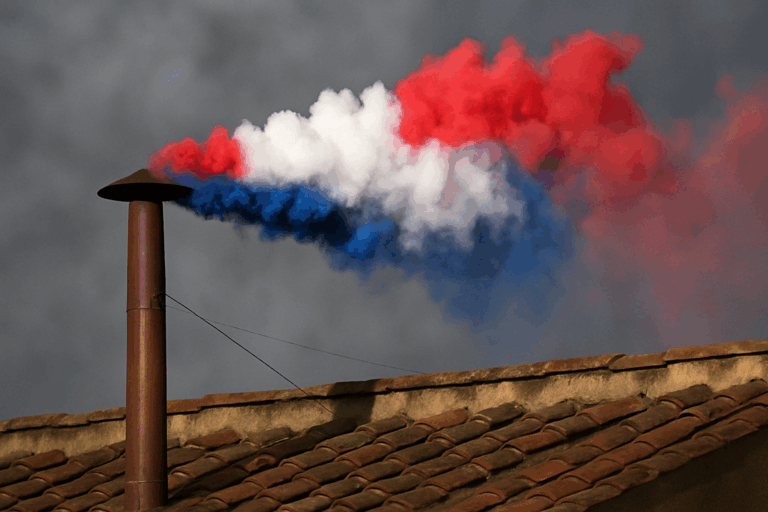 Trump Demands Vatican Sale Following Pope’s Death: “We’ll Make It Great Again, Believe Me” The Vatican conclave chimney releases red, white, and blue smoke, symbolizing American strength during a satirical moment of papal election.