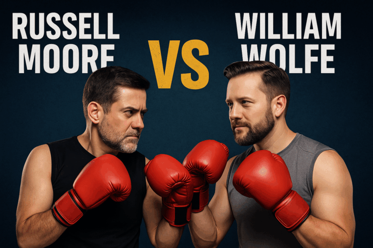 Satirical boxing promo image showing Russell Moore and William Wolfe facing off in red boxing gloves, with a bold yellow “VS” between them and their names in large white letters.
