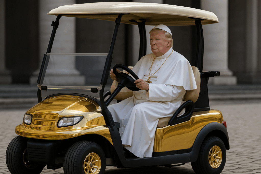 Trump Demands Vatican Sale Following Pope's Death: "We'll Make It Great Again, Believe Me" 1 Donald Trump dressed in papal robes driving a gold-plated golf cart through a Vatican-like setting in a satirical depiction of his quest for spiritual leadership.