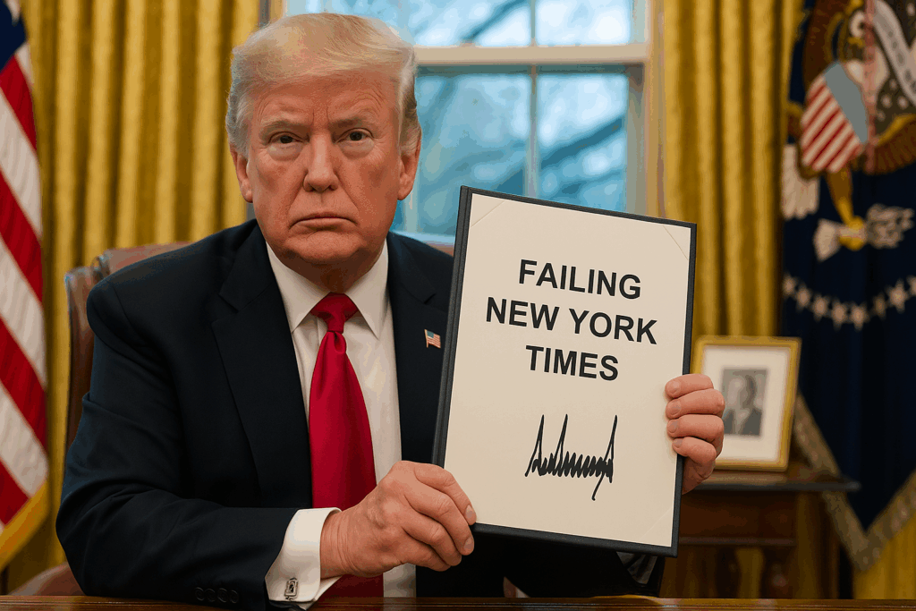 Trump Signs Executive Order to Deport New York Times Pollsters 1 Donald Trump holding up an executive order in the Oval Office that reads "FAILING NEW YORK TIMES" with his large signature underneath. Trump signs executive order.