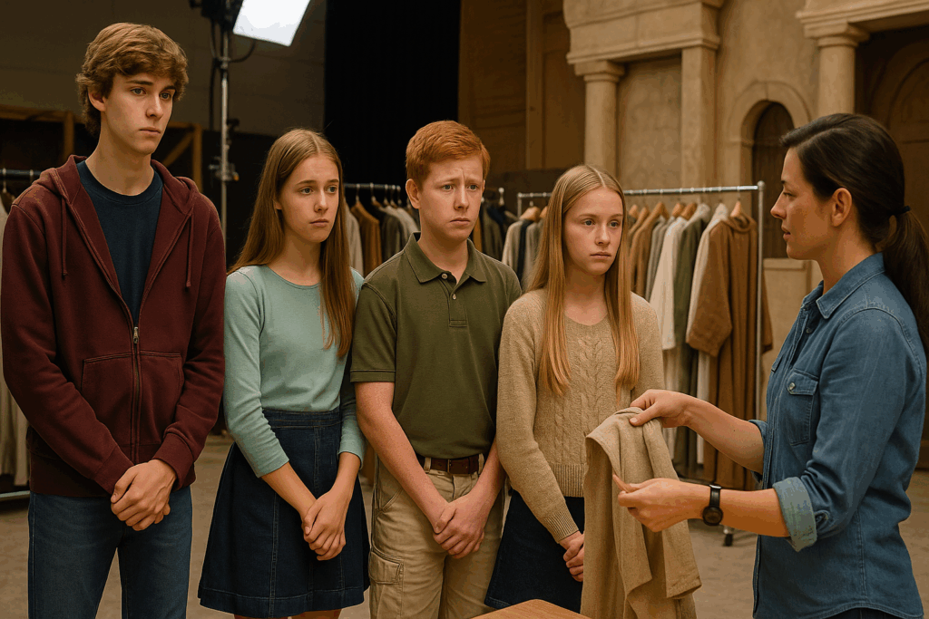 Four awkward homeschool teens stand nervously in front of a sign reading “The Re-Chosen Costumes” on a professional Christian media set. Christian Media Satire