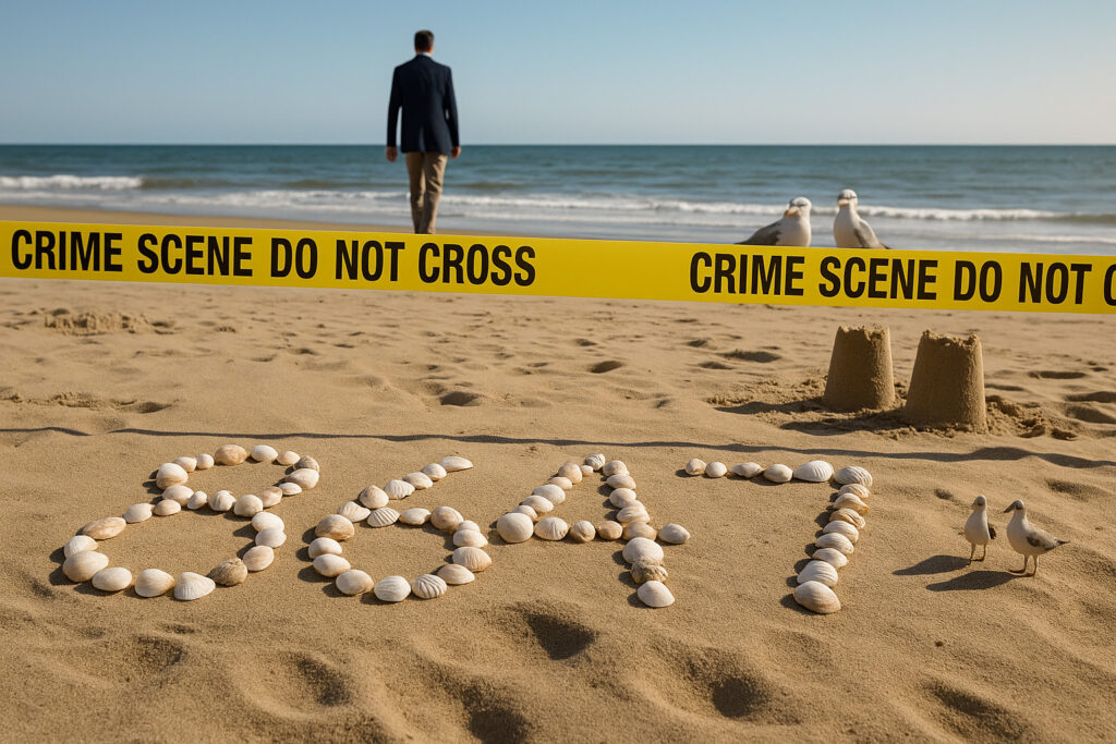A sandy beach features the number “8647” arranged in seashells. Yellow “CRIME SCENE DO NOT CROSS” tape divides the scene, with a tall man in a navy blazer walking away toward the ocean. Two suspicious seagulls and sandcastles complete this satirical, high-resolution photo parodying political scandal and coded messages.