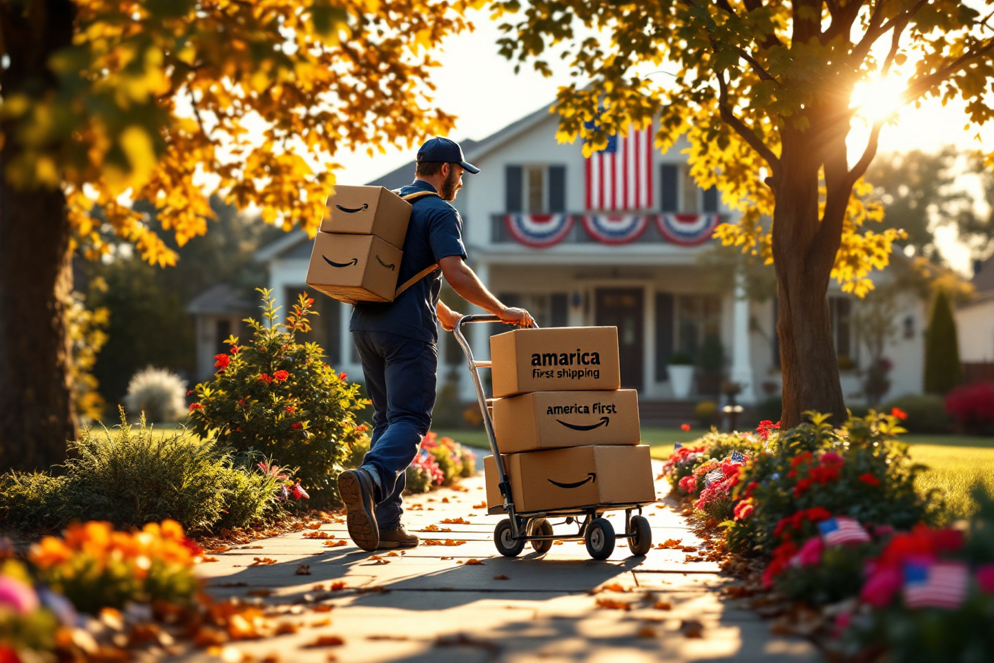A delivery worker carrying boxes to a suburban house with a MAGA flag on display.