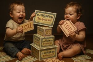 Toddlers happily playing with oversized toy IOUs and mock Treasury bonds labeled with large debt figures, symbolizing the national debt being passed to future generations by the "Big Beautiful Bill."