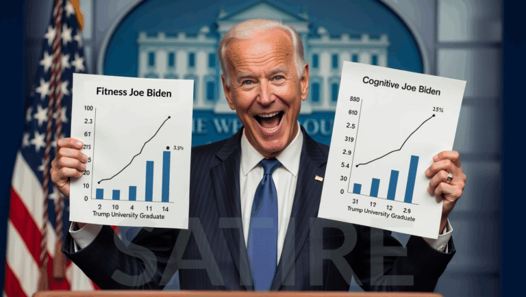 "Satirical image of President Joe Biden holding charts comparing his fitness and cognition to Trump University graduates"