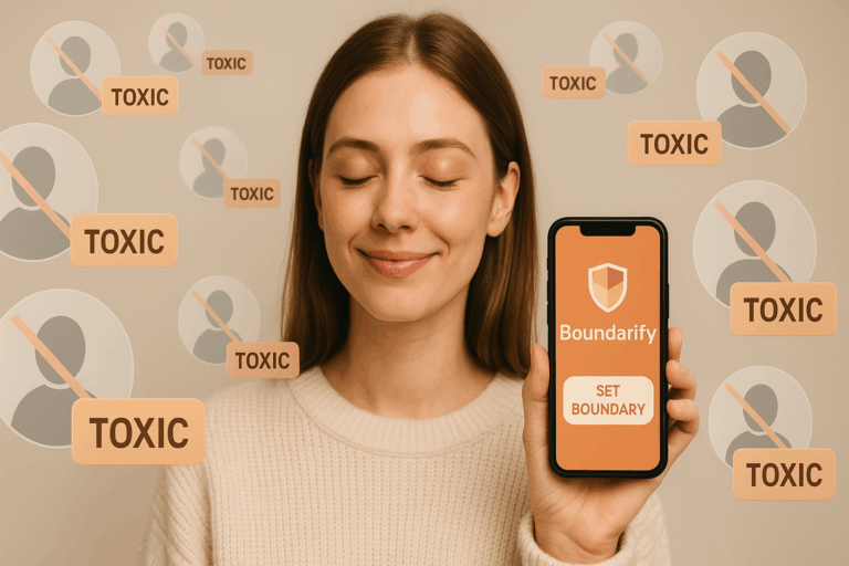 A young woman smiles peacefully while holding a smartphone displaying the Boundarify app. Around her, floating “TOXIC” icons symbolize blocked friends and contacts. The image is warm, minimal, and modern, with a calm, beige background. Satirical representation of digital self-care and therapy culture.