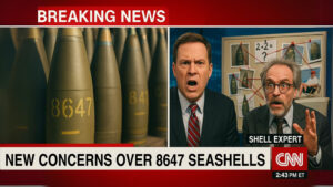 A split-screen satirical graphic styled after a CNN breaking news alert. The left side zooms in on shells (or artillery shells) labeled “8647.” The right side features a serious anchor and an animated “shell expert” in front of a board with photos, red string, math equations, and a beach scene. The chyron reads: “NEW CONCERNS OVER 8647 SEASHELLS.