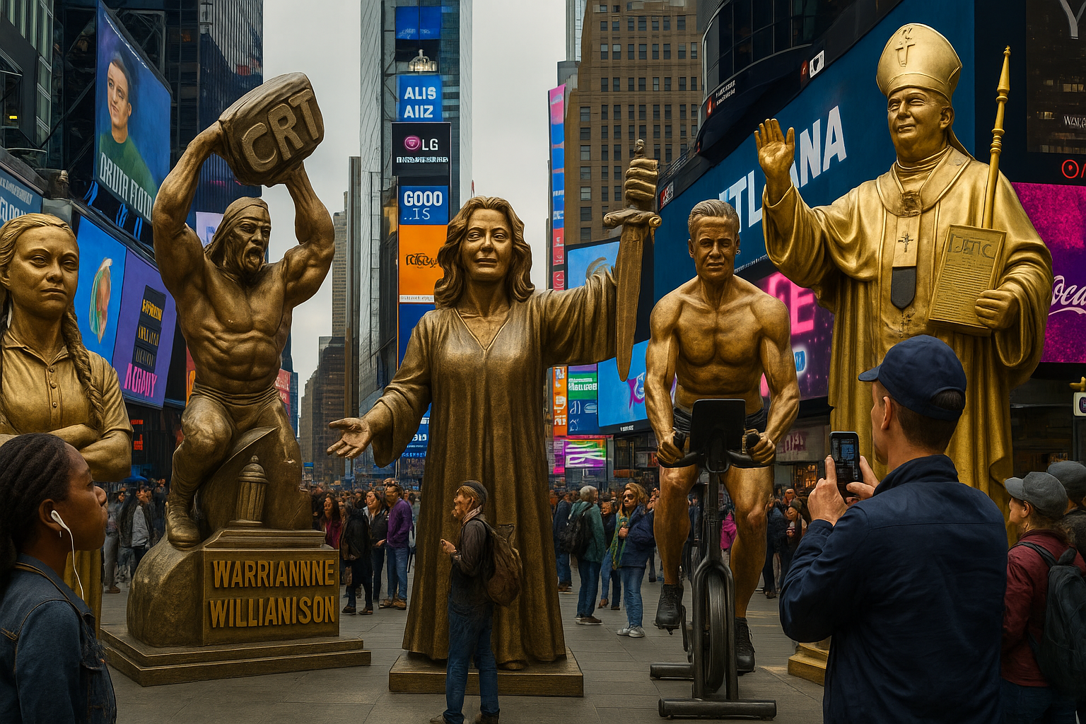 Satirical illustration of Times Square crowded with exaggerated monuments including Hulk Hogan and Hunter Biden statues