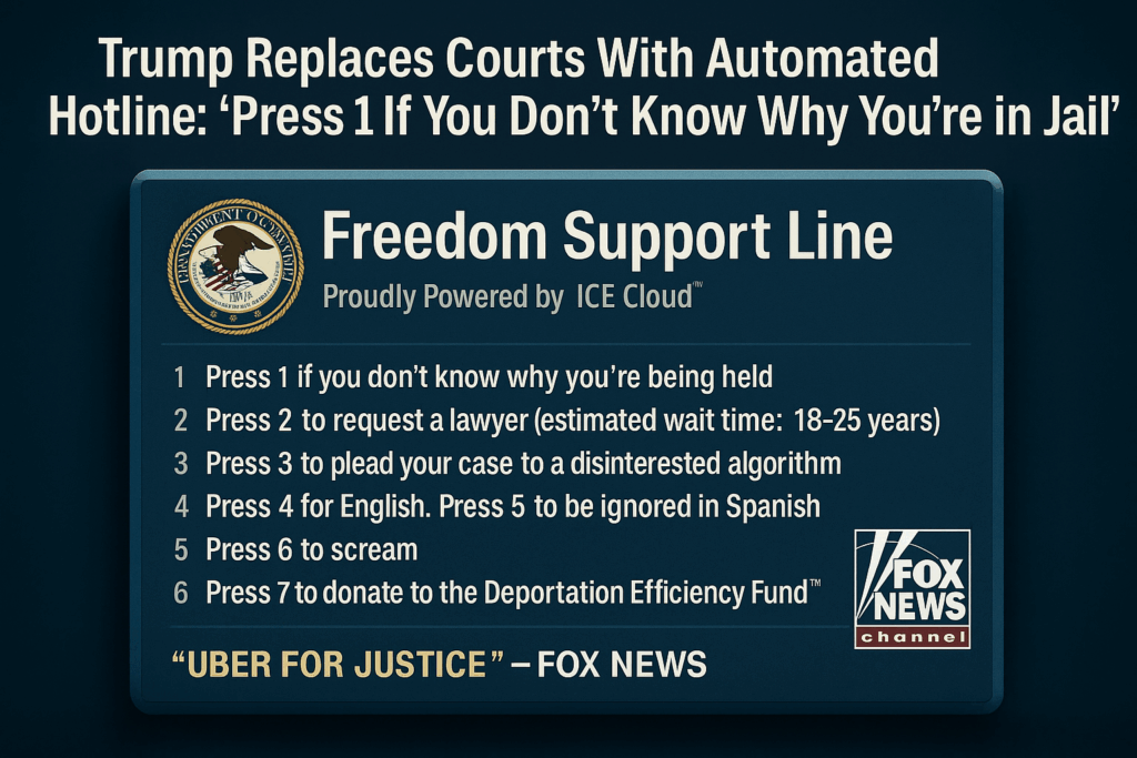 A mock government hotline interface labeled “Freedom Support Line,” listing dystopian options like “Press 1 if you don’t know why you’re being held.” Includes ICE branding and a Fox News endorsement.