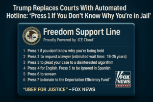 A mock government hotline interface labeled “Freedom Support Line,” listing dystopian options like “Press 1 if you don’t know why you’re being held.” Includes ICE branding and a Fox News endorsement.