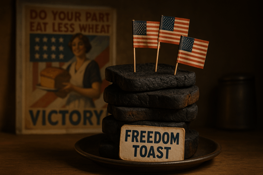 “Stack of burnt bread heels labeled ‘Freedom Toast,’ topped with mini American flags; vintage 1930s ‘Eat Less Bread’ poster in background”
