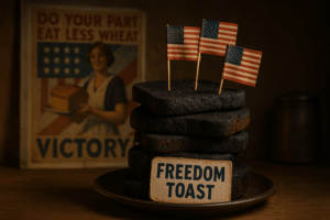 “Stack of burnt bread heels labeled ‘Freedom Toast,’ topped with mini American flags; vintage 1930s ‘Eat Less Bread’ poster in background”