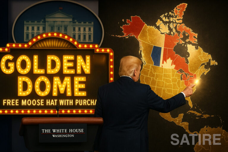 At a White House press setup, Donald Trump stands before a glowing Vegas-style marquee that reads “GOLDEN DOME – FREE MOOSE HAT WITH PURCHASE.” He points at a glittering gold map of North America where Canada is tinted bright red and white. A podium labeled “The White House” sits in the foreground; a faint “SATIRE” watermark appears in the corner.