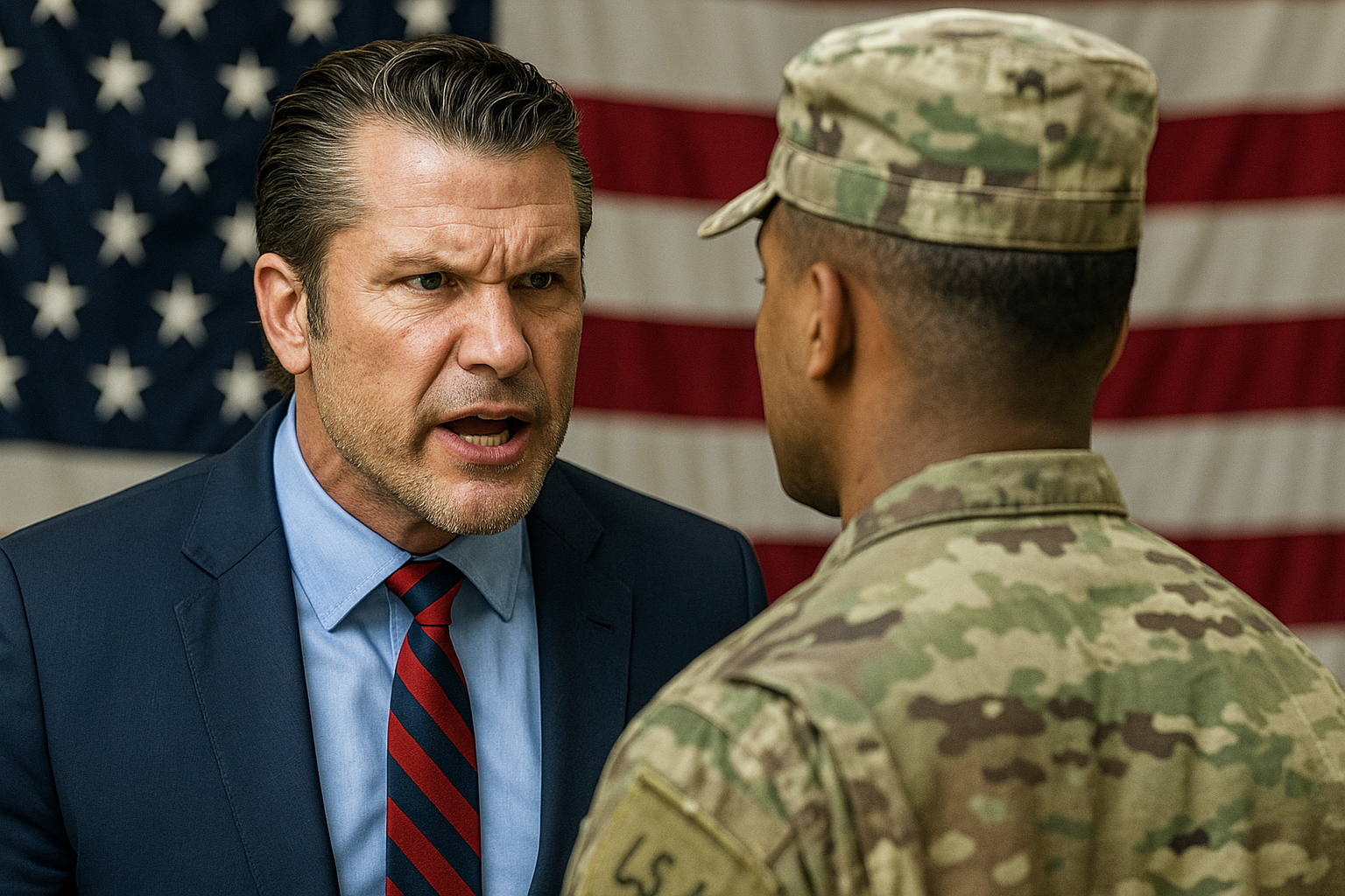 Pete Hegseth aggressively addressing a young soldier in front of a large American flag.