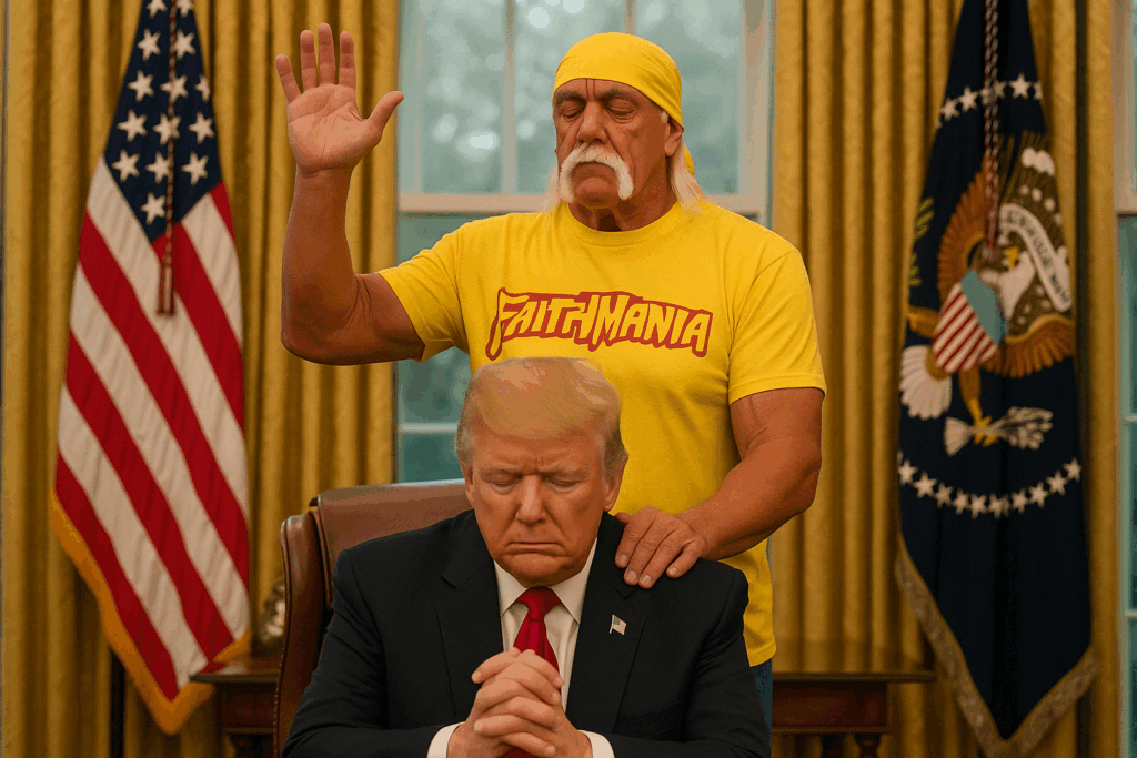 Hulk Hogan prays over Donald Trump in the Oval Office, wearing a yellow “FaithMania” shirt and raising one hand while touching Trump’s shoulder.