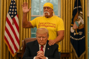 Hulk Hogan prays over Donald Trump in the Oval Office, wearing a yellow “FaithMania” shirt and raising one hand while touching Trump’s shoulder.