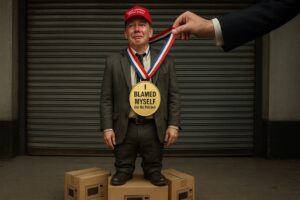 Satirical image: A MAGA hat-wearing business owner tearfully but proudly receives a comically oversized gold medal that reads, "I Blamed Myself (For His Policies)," symbolizing misplaced blame for economic hardship.
