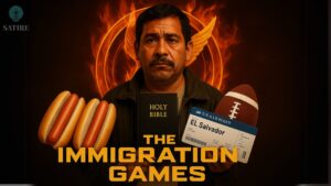 A satirical movie-poster-style image of a Latino man holding a Bible, an El Salvador airline ticket, two hot dogs, and a football, standing before a flaming, winged emblem with the words “The Immigration Games” below. A “SATIRE” watermark is present.