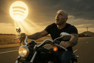 Joe Rogan riding a motorcycle without a helmet, blinded by a divine Spotify-shaped beam of light with a glowing cross in the distance.