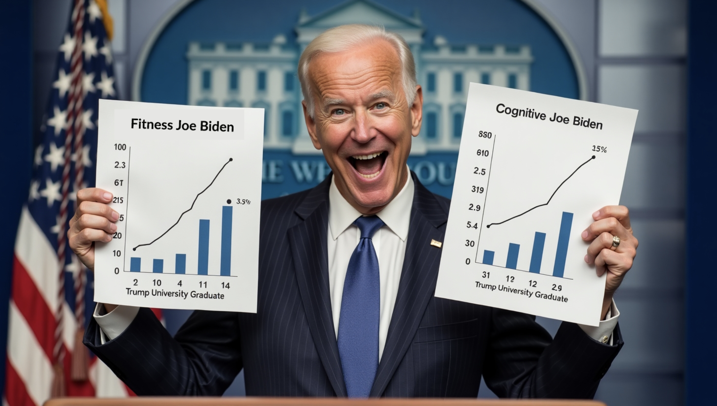 "Satirical image of President Joe Biden holding charts comparing his fitness and cognition to Trump University graduates"