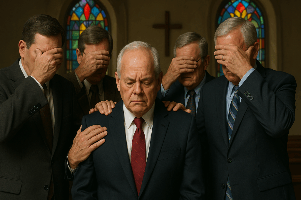 Church elders in suits place one hand on Johnny Hunt’s shoulder while covering their own eyes, in a satirical photorealistic church scene with stained glass windows.