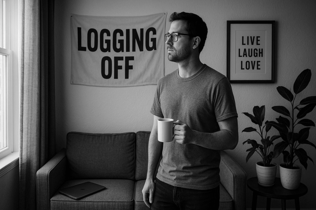 Black-and-white image of a suburban man holding a coffee mug, staring pensively out a window beside a banner reading “LOGGING OFF,” a closed laptop, and a “LIVE LAUGH LOVE” quote on the wall.