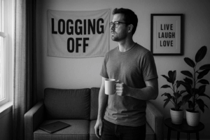 Black-and-white image of a suburban man holding a coffee mug, staring pensively out a window beside a banner reading “LOGGING OFF,” a closed laptop, and a “LIVE LAUGH LOVE” quote on the wall.
