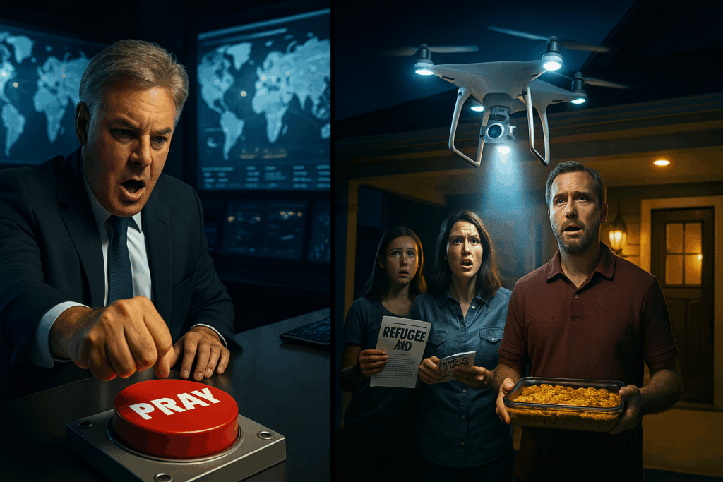 Split-screen comic-style photo: left shows Christian nationalist Lance Wallnau inside a glowing tech “spiritual command center” pounding a red PRAY button; right shows a startled Idaho family on their farmhouse porch, bathed in a drone spotlight while holding a casserole dish and stack of “Welcome Refugees” flyers.