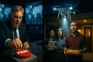 Split-screen comic-style photo: left shows Christian nationalist Lance Wallnau inside a glowing tech “spiritual command center” pounding a red PRAY button; right shows a startled Idaho family on their farmhouse porch, bathed in a drone spotlight while holding a casserole dish and stack of “Welcome Refugees” flyers.