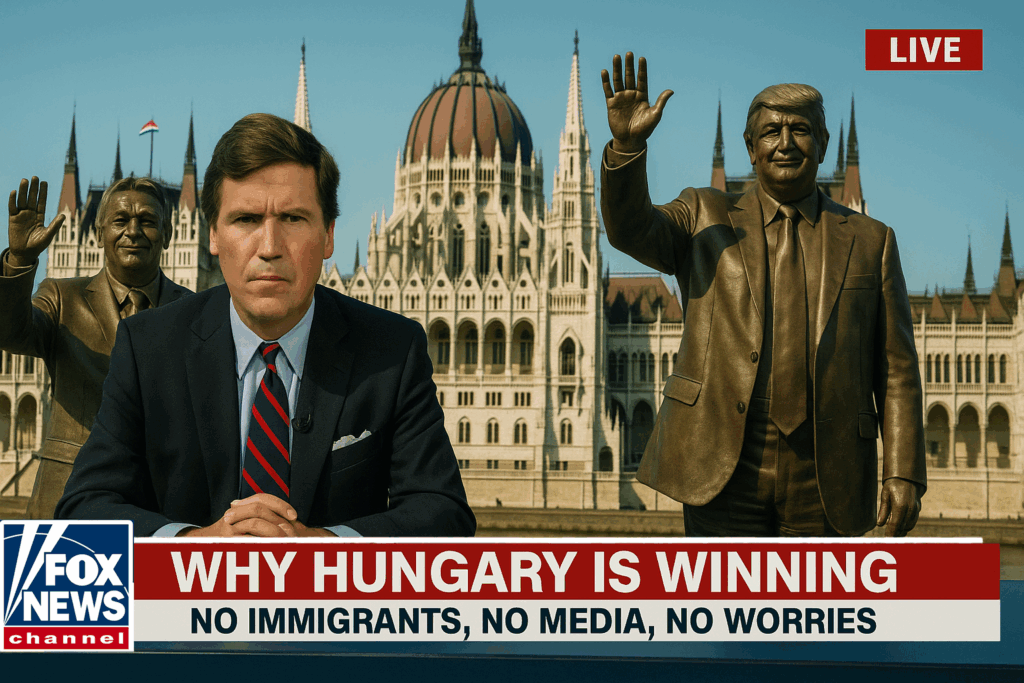 Satirical Fox News broadcast with Tucker Carlson in front of Budapest Parliament, flanked by statues of Viktor Orbán and Donald Trump, with banner: “WHY HUNGARY IS WINNING – NO IMMIGRANTS, NO MEDIA, NO WORRIES.”
