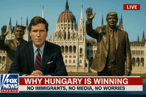 Satirical Fox News broadcast with Tucker Carlson in front of Budapest Parliament, flanked by statues of Viktor Orbán and Donald Trump, with banner: “WHY HUNGARY IS WINNING – NO IMMIGRANTS, NO MEDIA, NO WORRIES.”