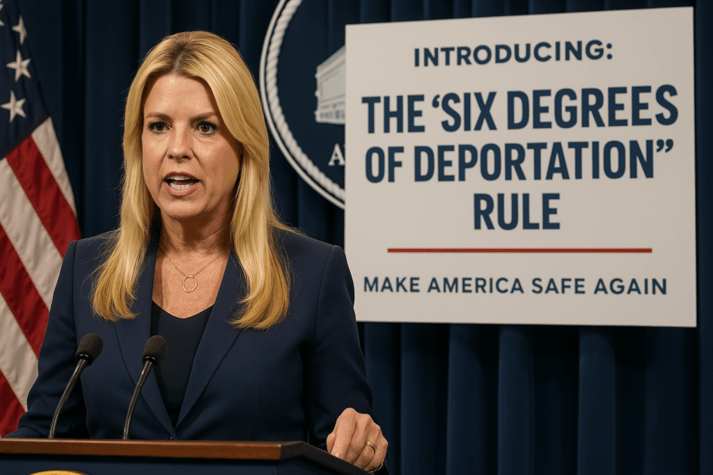 Pam Bondi stands at a press conference, introducing the satirical "Six Degrees of Deportation" rule.