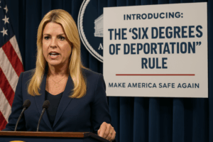 Pam Bondi stands at a press conference, introducing the satirical "Six Degrees of Deportation" rule.