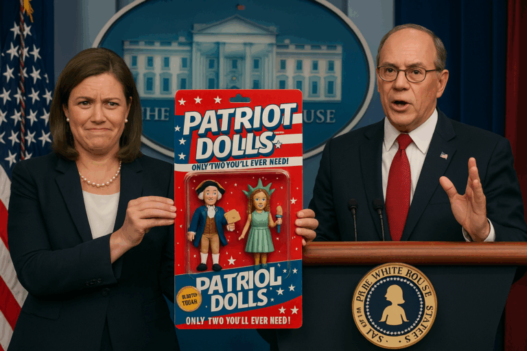 Two government officials at a White House press podium present a toy package labeled “Patriot Dolls™,” featuring a founding father and Lady Liberty doll. The scene parodies a serious policy announcement.