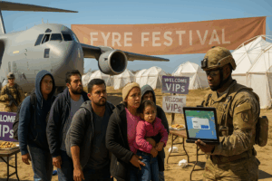 Confused migrants exit military plane into abandoned Fyre Festival site with broken tents, soggy sandwiches, and faded Fyre Festival banner