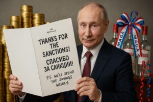 Vladimir Putin smiles while holding a giant Hallmark-style card that reads, “THANKS FOR THE SANCTIONS! (СПАСИБО ЗА САНКЦИИ!) P.S. We’ll spend the savings wisely.” Stacks of gold coins and MAGA-ribbon–wrapped vodka bottles fill the background.
