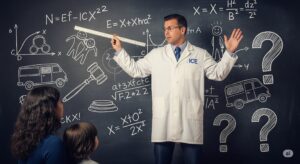 Photorealistic satirical image: An ICE agent in an ill-fitting lab coat enthusiastically points to a blackboard filled with chaotic physics equations and doodles of handcuffs and vans, while an immigrant mother and child look on in total bewilderment.
