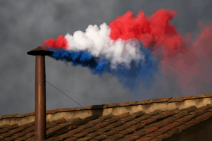 The Vatican conclave chimney releases red, white, and blue smoke, symbolizing American strength during a satirical moment of papal election.