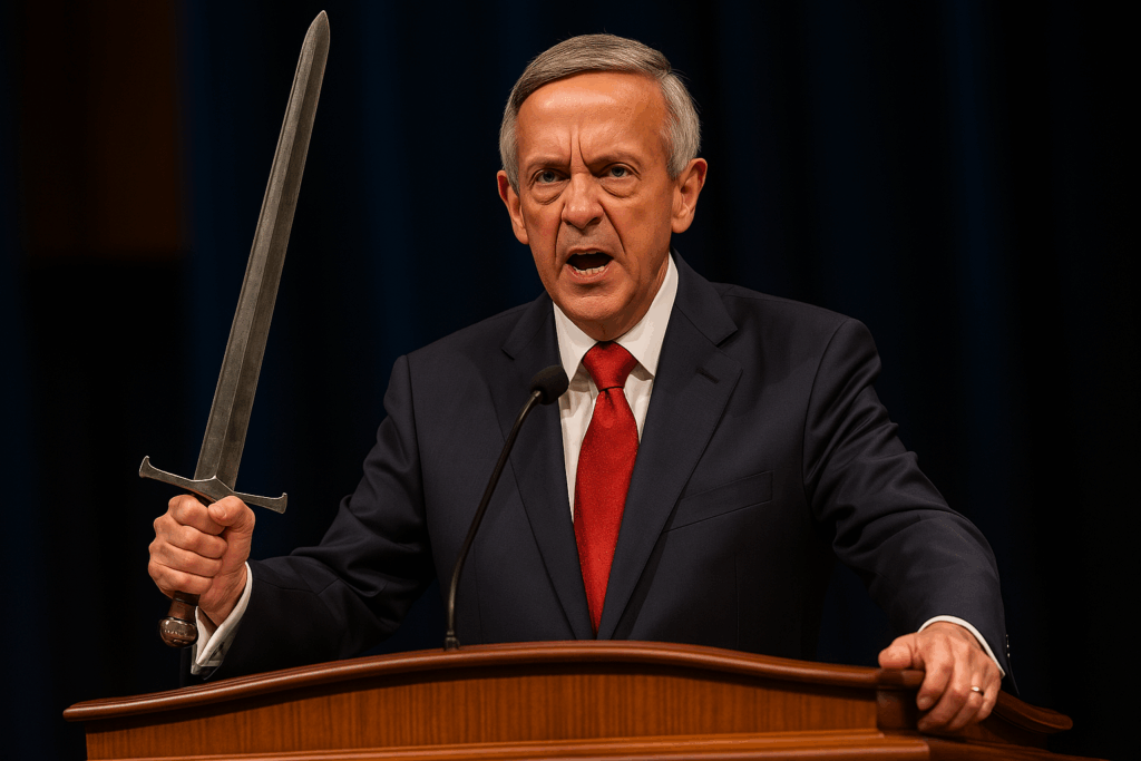 Pastor Robert Jeffress preaching behind a pulpit, holding a sword, with a determined and slightly angry expression