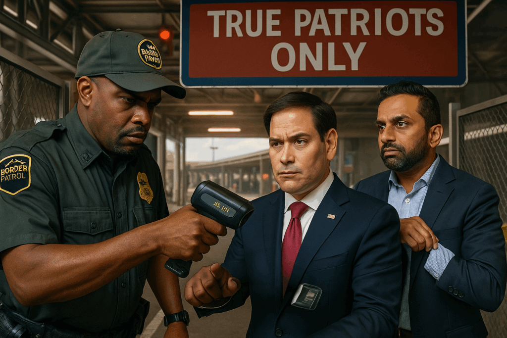 Satirical image of Marco Rubio having his arm scanned by a border agent at a checkpoint with a “True Patriots Only” sign, as Kash Patel waits his turn.