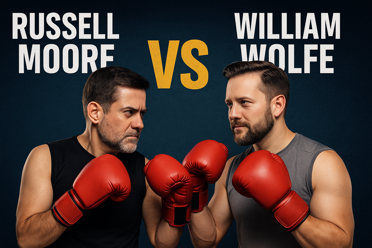 Satirical boxing promo featuring Russell Moore and William Wolfe facing off in red gloves with bold 'VS' between them."