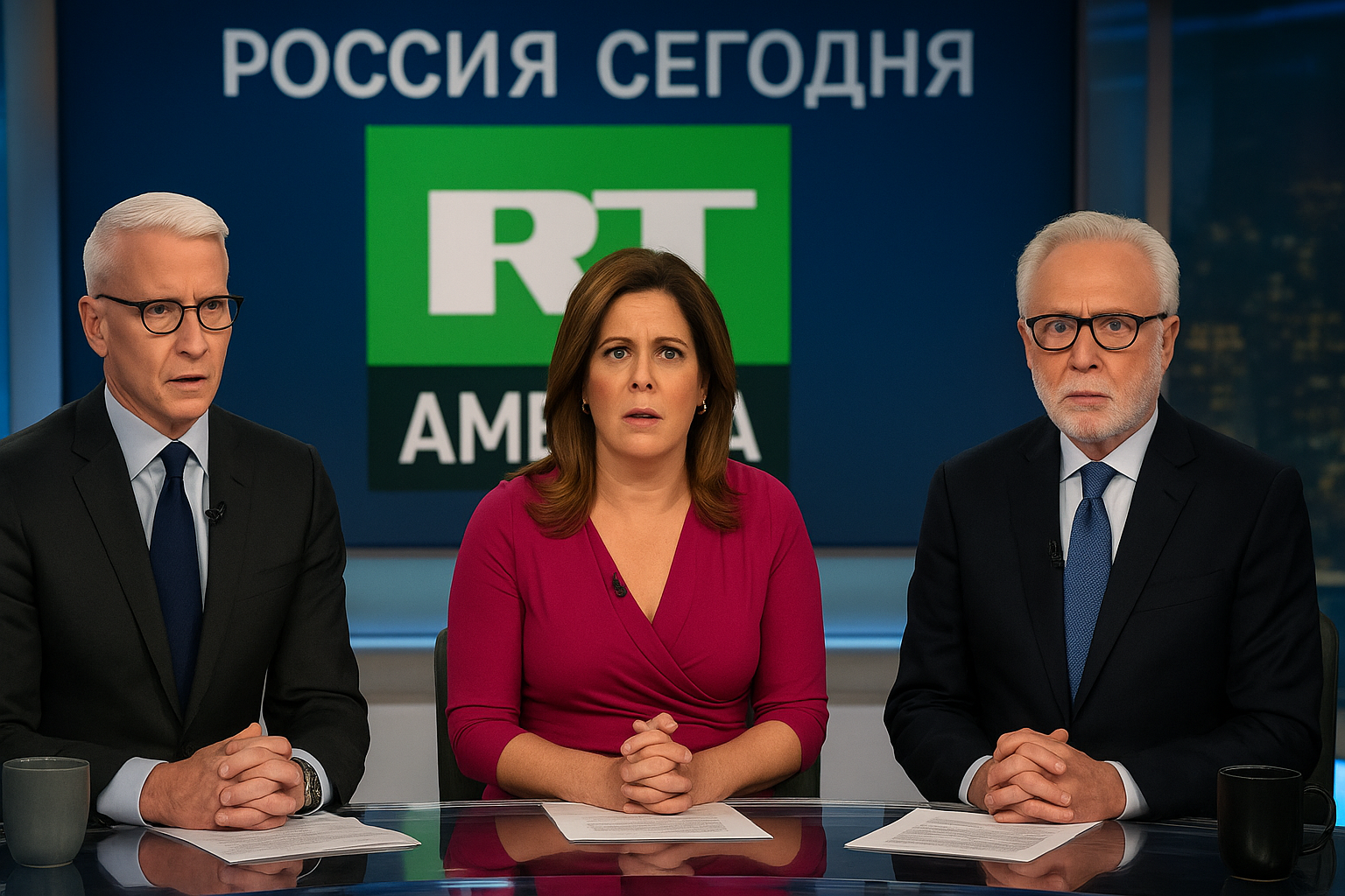 CNN anchors react uncomfortably as their network’s new RT-style logo and a Russian-language slogan are revealed behind them.