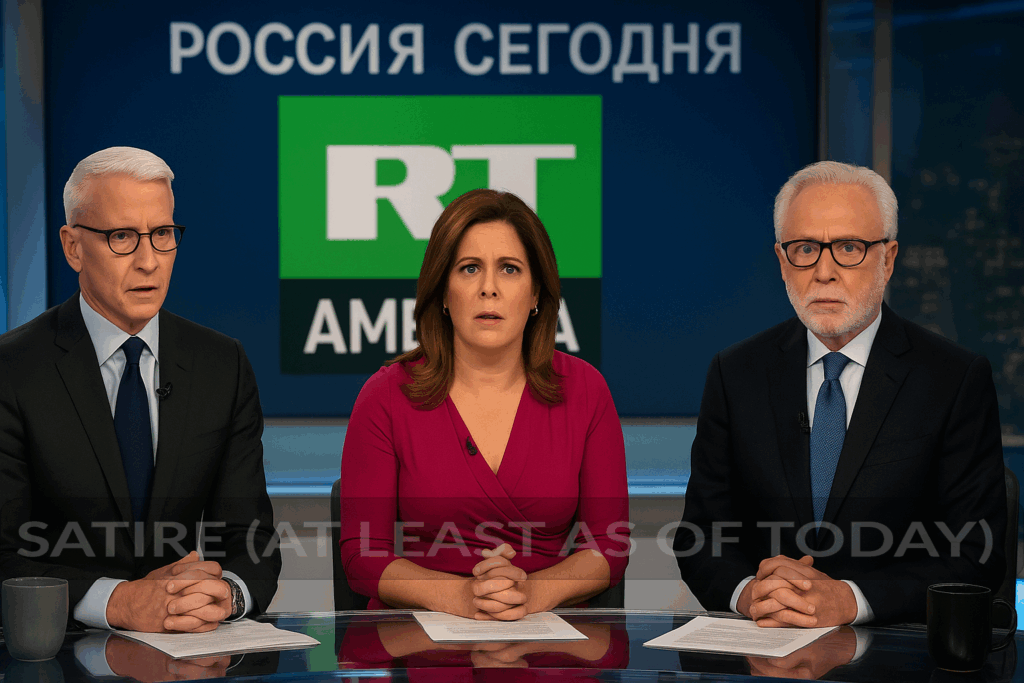 CNN anchors react uncomfortably as their network’s new RT-style logo and a Russian-language slogan are revealed behind them. Russia Today America has arrived!