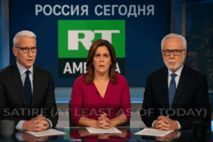 CNN anchors react uncomfortably as their network’s new RT-style logo and a Russian-language slogan are revealed behind them. Russia Today America has arrived!
