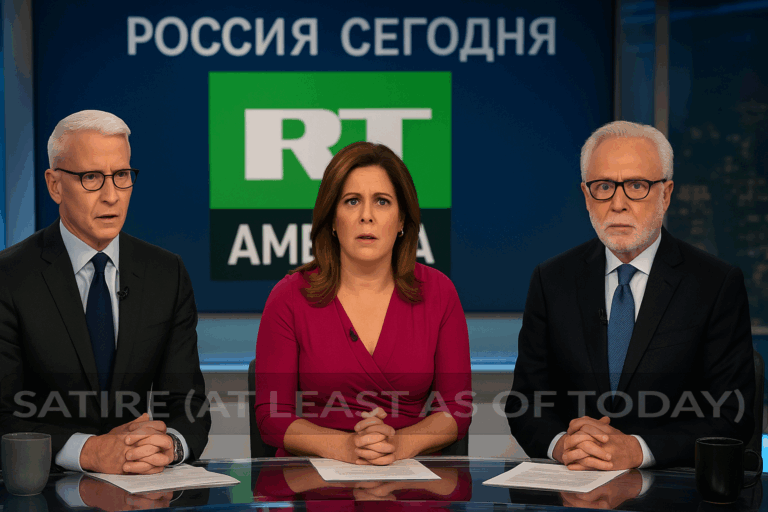 CNN anchors react uncomfortably as their network’s new RT-style logo and a Russian-language slogan are revealed behind them. Russia Today America has arrived!