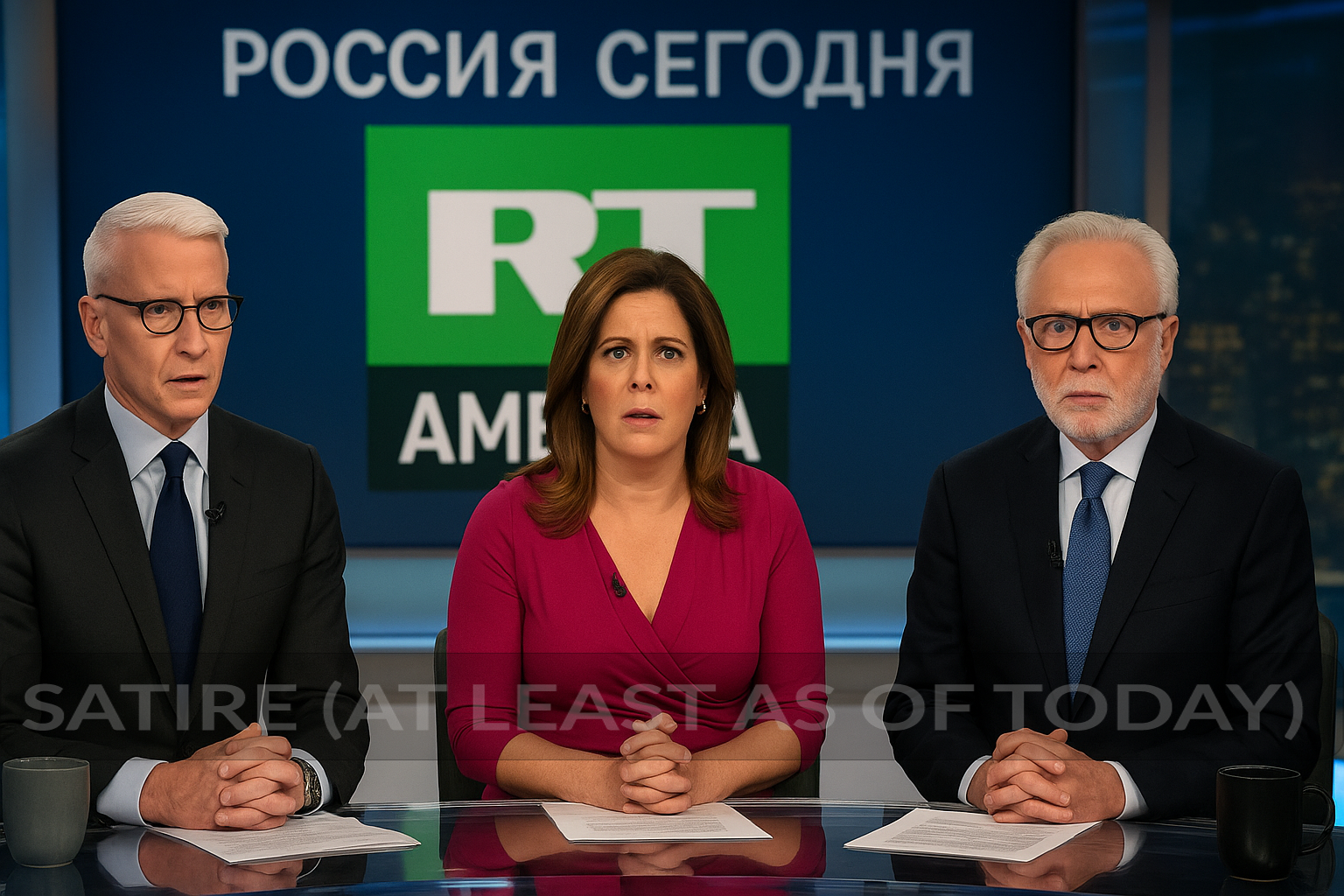 CNN anchors react uncomfortably as their network’s new RT-style logo and a Russian-language slogan are revealed behind them. Russia Today America has arrived!