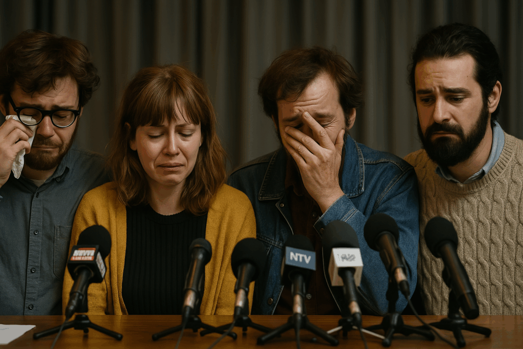 Four emotional journalists at a press conference, some wiping away tears, as satire outlets close amid real news outpacing parody