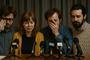 Four emotional journalists at a press conference, some wiping away tears, as satire outlets close amid real news outpacing parody